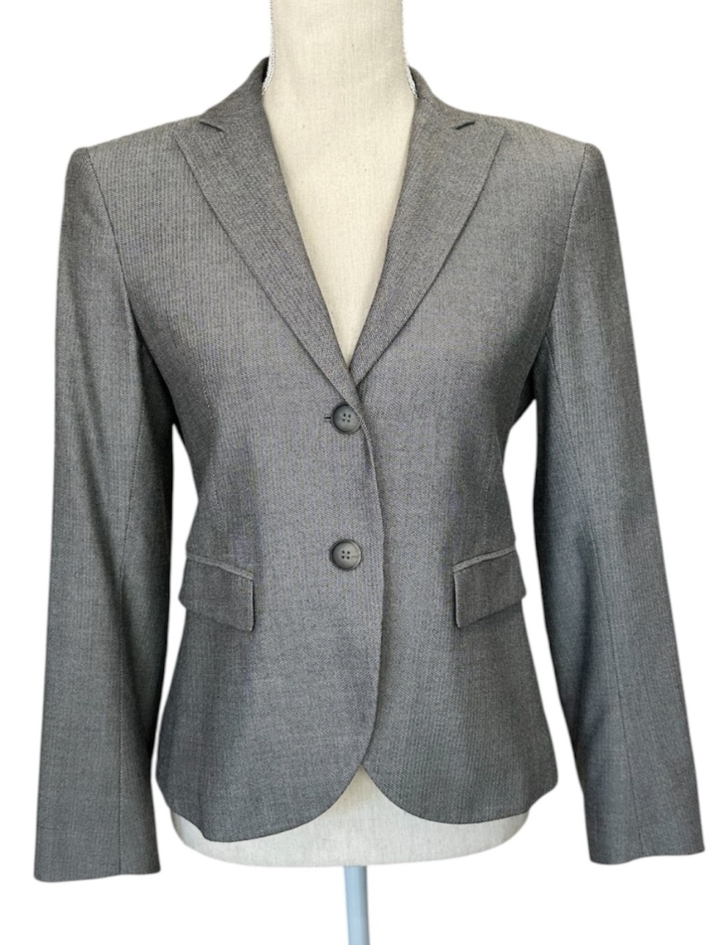 Theory Tailored Blazer Micro Herringbone Two-Button Gray Women's Size 4